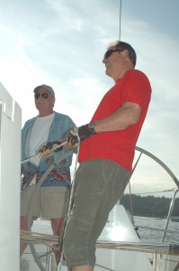 Pete Clement, skipper and Tom on the head sail trim