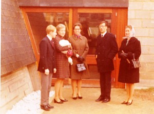 L.R. Claude, Joan with Rose Marie, Colette, Jack, Mme. Claeys at Baptismal Feb 1968 St. Pie-X Forest (Bruxelles)