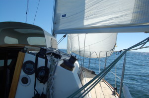 In reaching and running downwind I use the outboard spinnaker lead to tweak the head sail at a better angle. This boat has much better hardware than I had on her predecessor.